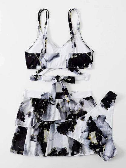Marble Print Bikini Beach Dress Three-Piece Set