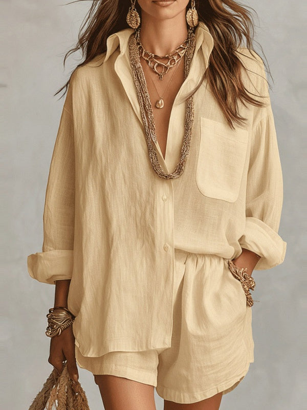 Lazy Style Shirt And Solid Color Shorts Two-piece Set