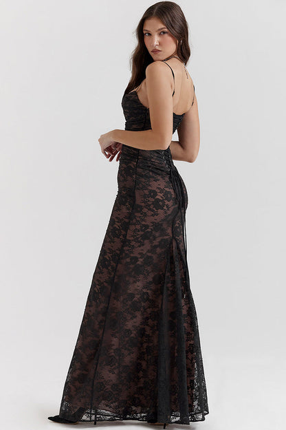 Square Neck Spaghetti Strap Floral Lace Scalloped Hem Maxi Dress with Long Sleeve Bolero