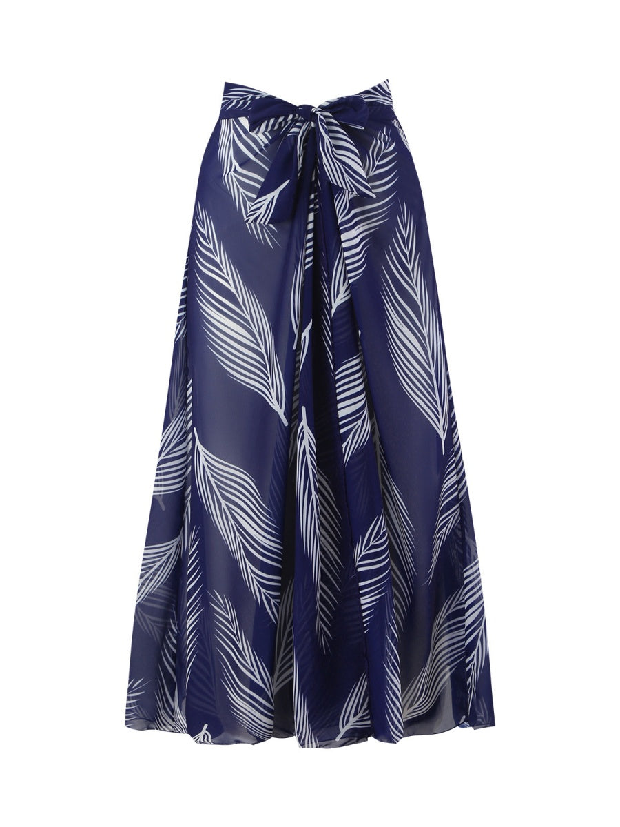 Feather Print Two-Piece Swimsuit With Sun Protection And Skirt (Three-Piece Set)