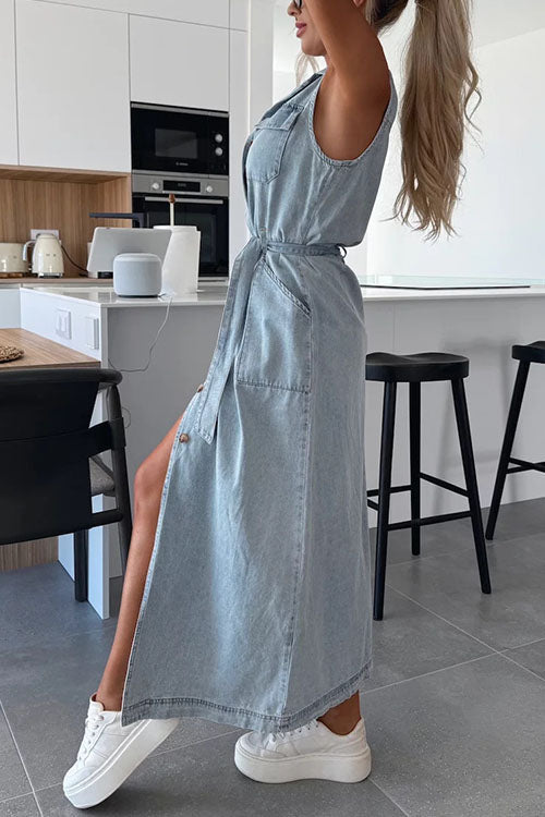 Margovil Sleeveless Button Down Tie Waist Pocketed Denim Midi Dress