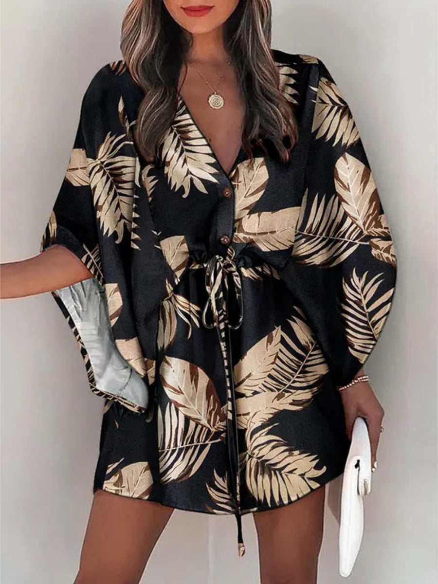 V-neck Tie-up Printed Patchwork Mini&Short Dresses