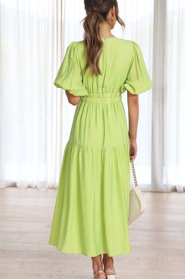 V Neck Puff Sleeve Smocked Empire Waist Tiered Midi Dress