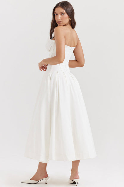 Strapless Deep Plunge Corset Boned Pleated A-Line Midi Dress