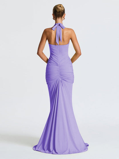 Halter Neck Deep V-neck Fitted Waist Long Dress Sexy Backless Ribbon Fishtail Long Dress
