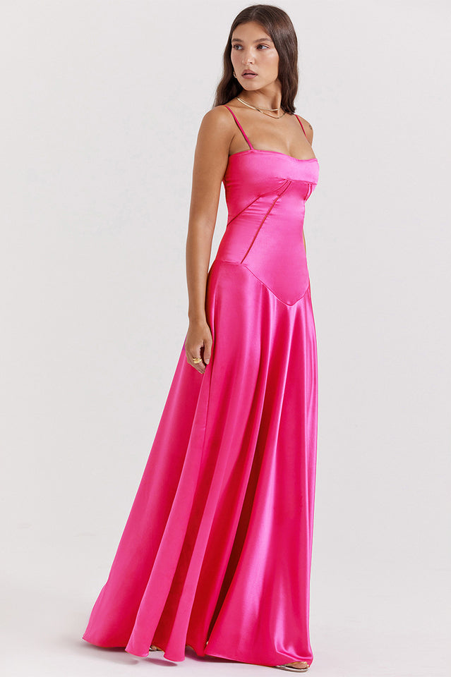 Satin Corset Bustier Spaghetti Strap Basque Waist A-Line Maxi Gown