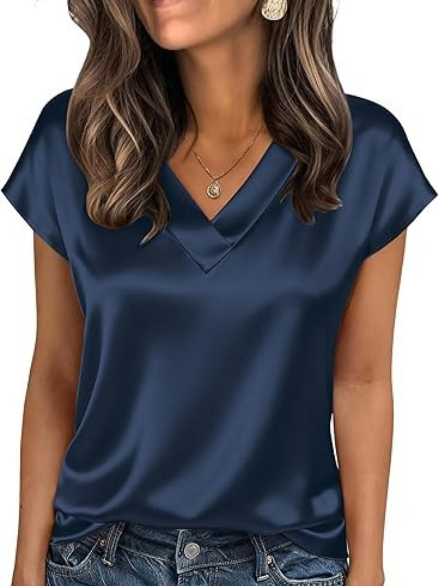 V-neck Satin Leisure Solid Color T-shirts