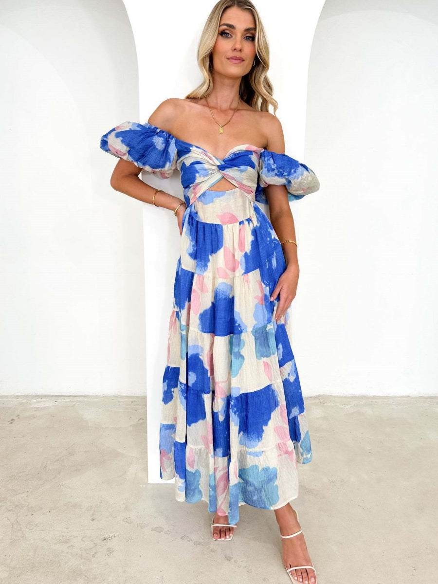 Printed Puff Sleeve Sweetheart Collar Vacation Maxi Dresses