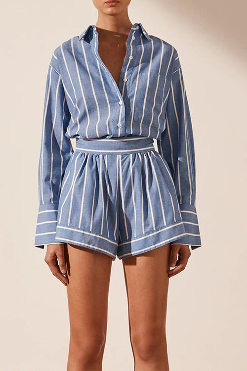 Margovil Striped Long Sleeves Curve Hem Shirt and High Rise Shorts Set