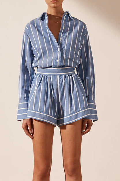 Margovil Striped Long Sleeves Curve Hem Shirt and High Rise Shorts Set