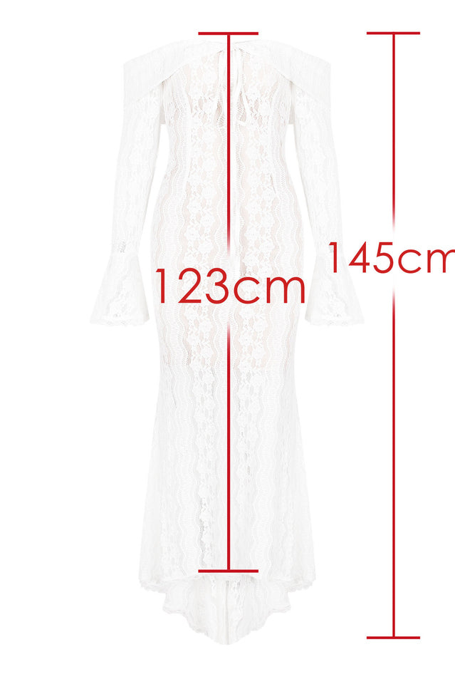 Off Shoulder Center Lace Up Ruffle Trim Bell Sleeve Mermaid Lace Maxi Gown