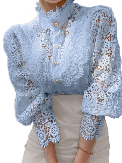 Button-up Lace Openwork Floral Patchwork Shirt