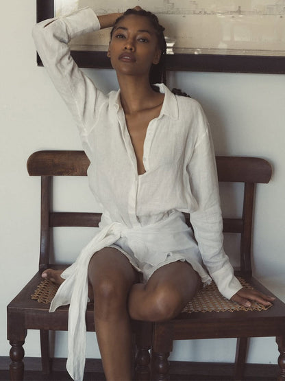 Pure Cotton Lapel Hip-hugging Shirts Mini&Short Dresses