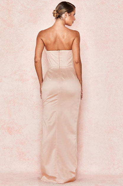 Satin Strapless Draped Cowl Ruched High Split Maxi Gown