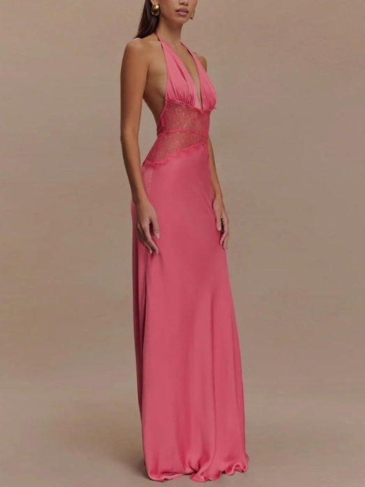 Deep V-neck Silk Satin Maxi Dress With Halter Neck And Cinched Waist