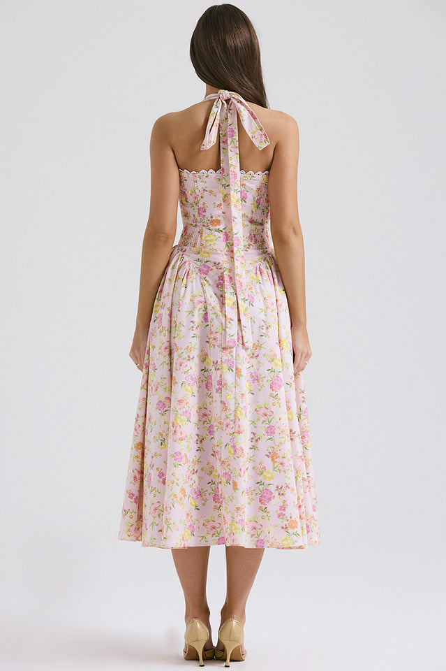 Halter Sweetheart Neck Lace Trim Ditsy Floral Corset Bodice Midi Dress