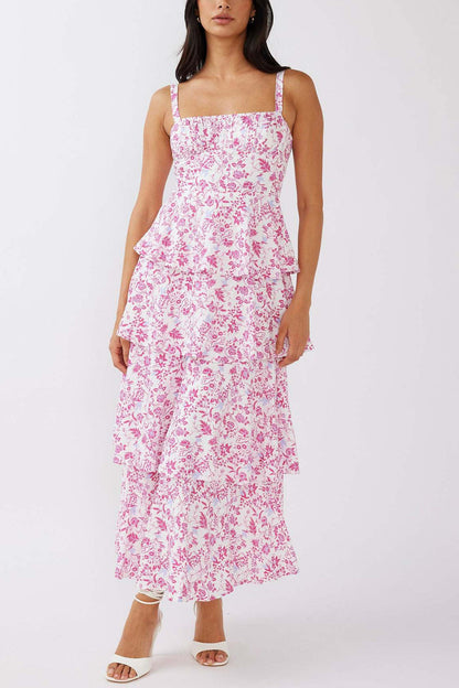 Floral Print Tie-up Tiered Midi Dress