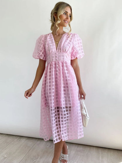 Balloon Sleeve Color Hollow Temperament Midi Dresses