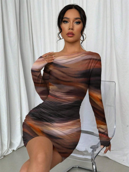 Pleated Slim-fit Hip-hugging Slant Collar Printed Mini&Short Dresses