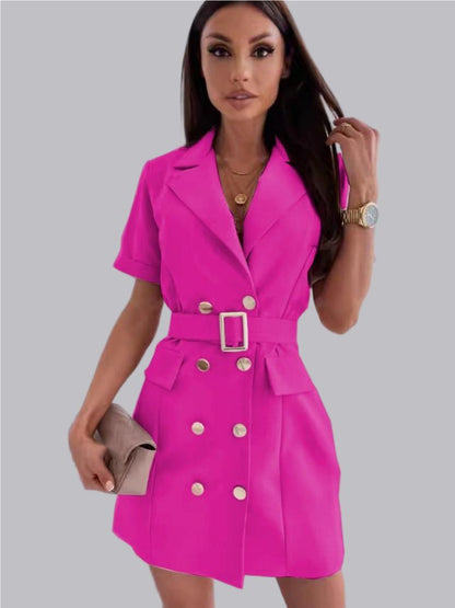 Double-breasted Lapel Belts&Chain Short Sleeve Waist Short Suit Dress