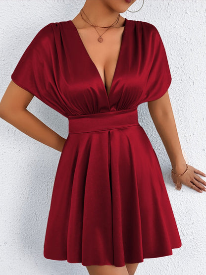 V-neck, Fitted Waist, Zippered, Glossy Short Dress