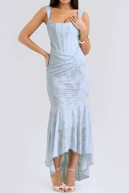 Floral Burnout Lace Corset Bodice Ruched Wrap High-Low Mermaid Midi Dress