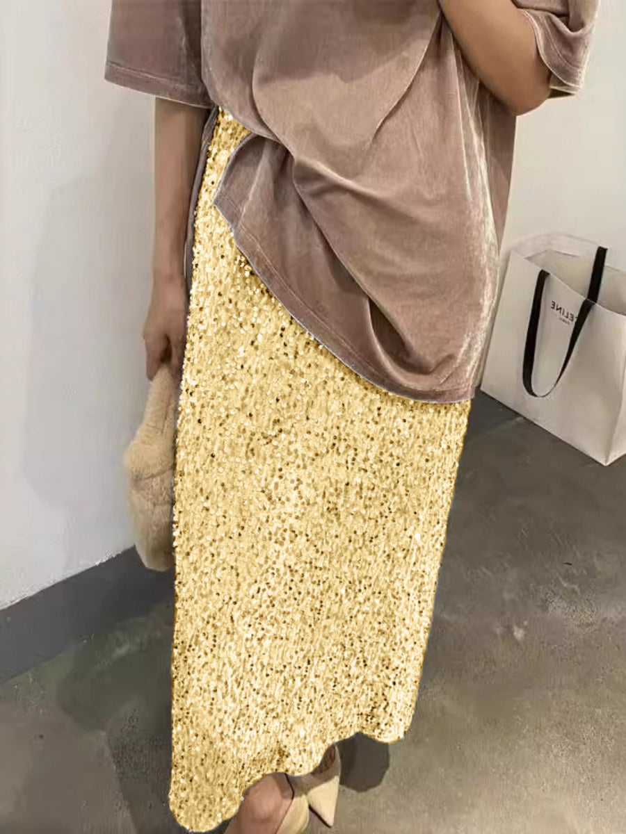 High-waisted, Slimming Sequined Midi Skirt With Elastic Waist, Back Slit, Straight Cut, Long Skirt
