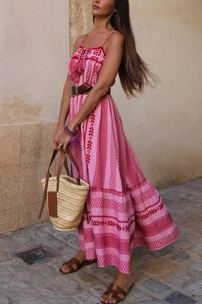 Margovil Crochet Top Printed Flowy Ruffle Maxi Cami Dress