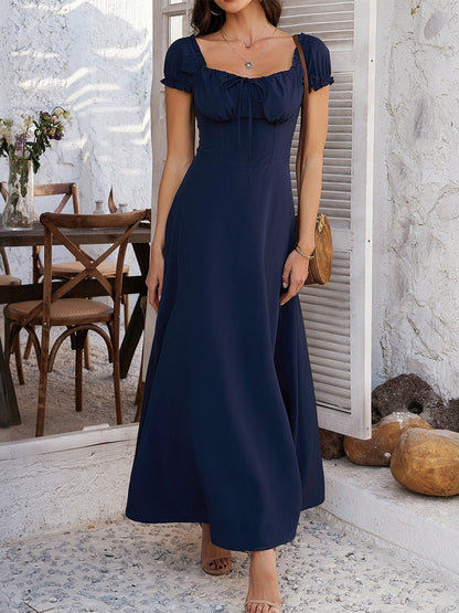 Tie-waist Ruched Puff Sleeve Long Dress