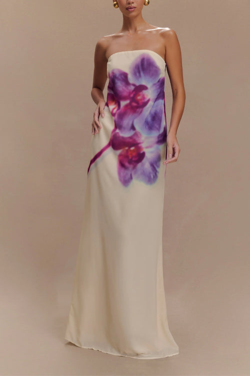 Margovil Elegant Strapless Floral Print Maxi Dress