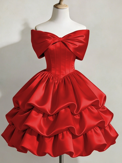 Satin Off-shoulder Bow Design Multi-layered Short Dress