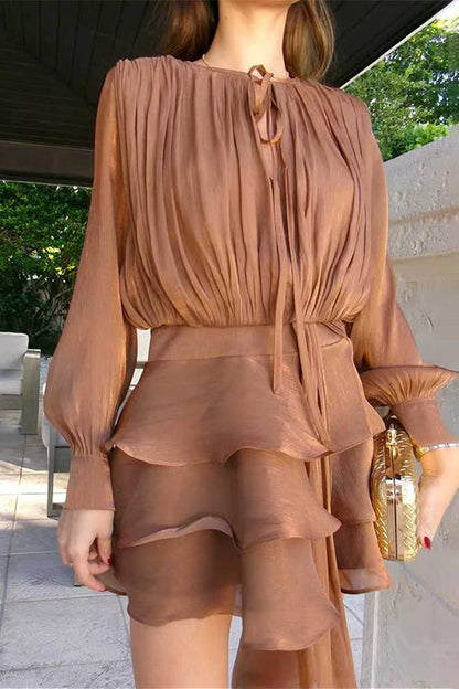 Margovil Lantern Long Sleeves Draped Ruffle Layered Mini Dress with Shorts