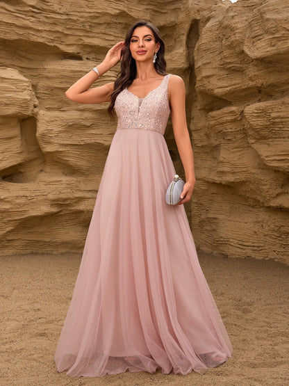 V-neck Embroidery Sequins Elegant Gauze Formal Dress Maxi Dresses