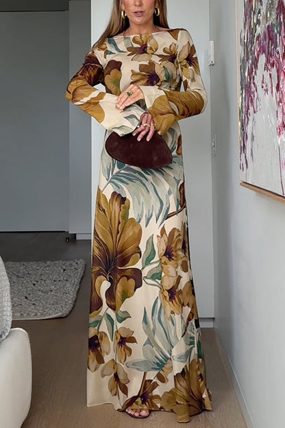 Bell Long Sleeves Open Back Floral Print Maxi Dress