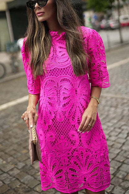 Guipure Lace Hollow-Out Mock Neck Scalloped Hem Shift Mini Dress