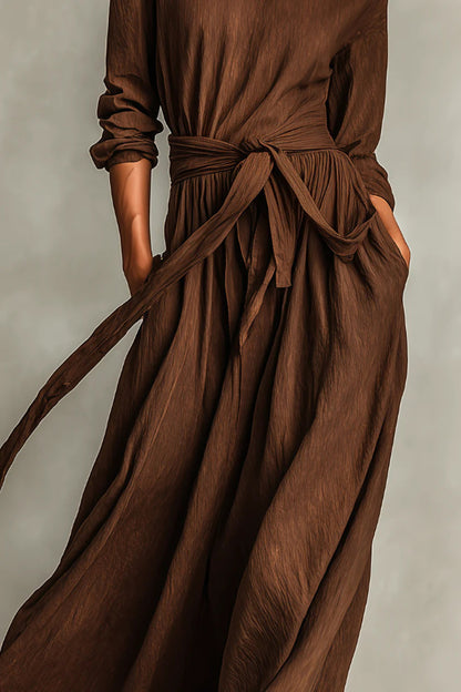Linen Blend Round Neck Long Sleeve Waist Tie Casual Pocket Maxi Dress