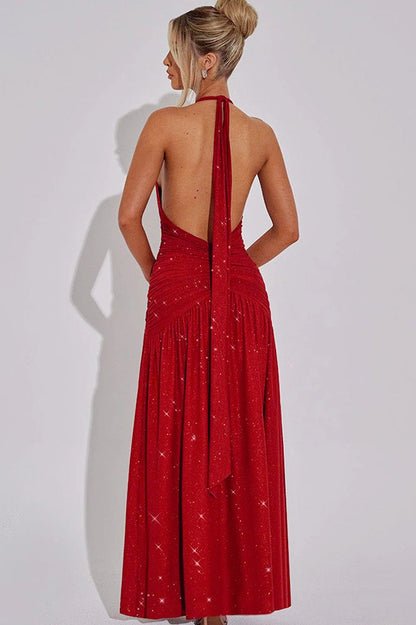 Halter Backless Metallic Slit Birthday Dress