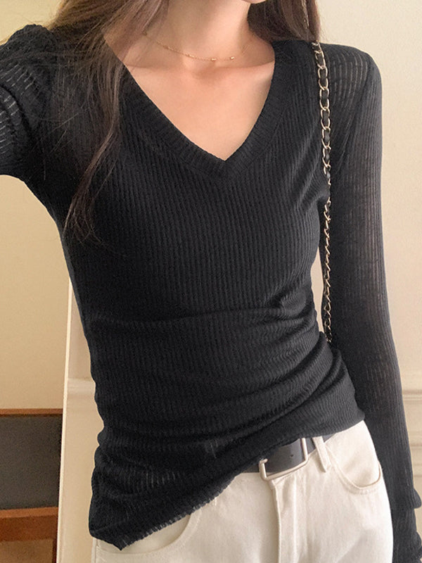 Ribbed V Neck Slim Long Sleeve Knit