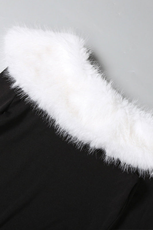Faux Fur Trim Off Shoulder Long Sleeve Bodycon Maxi Gown