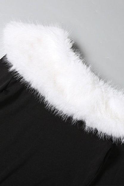 Faux Fur Trim Off Shoulder Long Sleeve Bodycon Maxi Gown