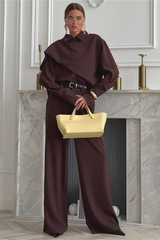Vintage Chic Lapel Scarf Top & Wide Leg Pants Two Piece Set
