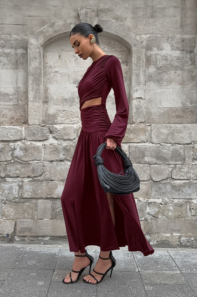 | Round Neck Long Sleeve Cutout Maxi Dress