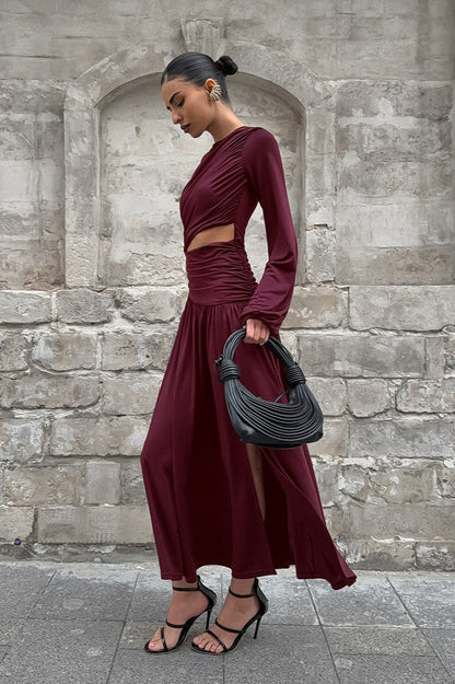 | Round Neck Long Sleeve Cutout Maxi Dress