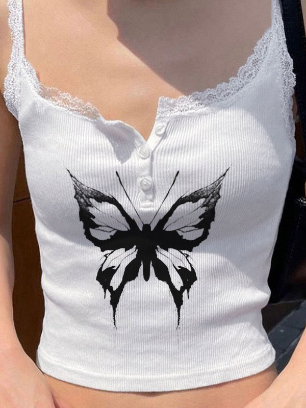 Lace Stitching Butterfly Print Slim Fit Casual Cami Top