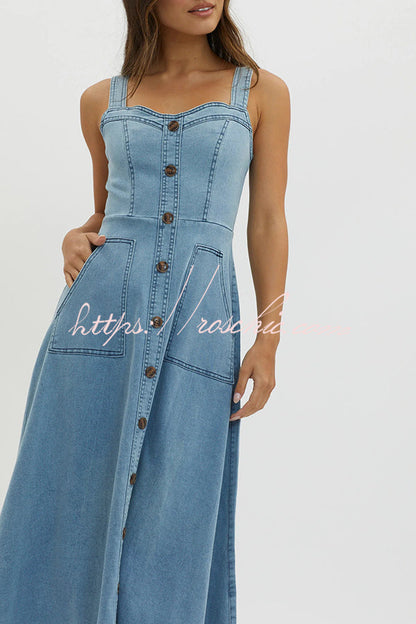 Solid Color Suspender Pocket Button Slim Denim Midi Dress