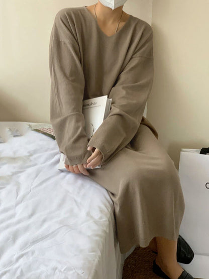 Long Sleeves Loose Solid Color V-Neck Midi Dresses Sweater Dresses