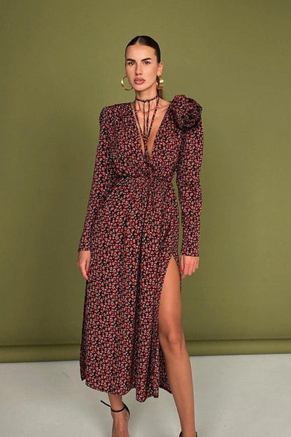 Micro Floral Print Tie-Front Deep V-Neck Side Slit Floral Applique Maxi Dress