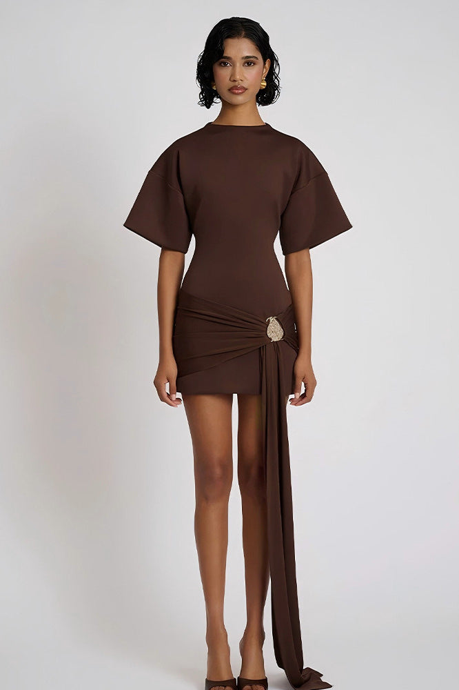 Boat Neck Draped Waist Metal Brooch Detail Side Sash Mini Dress