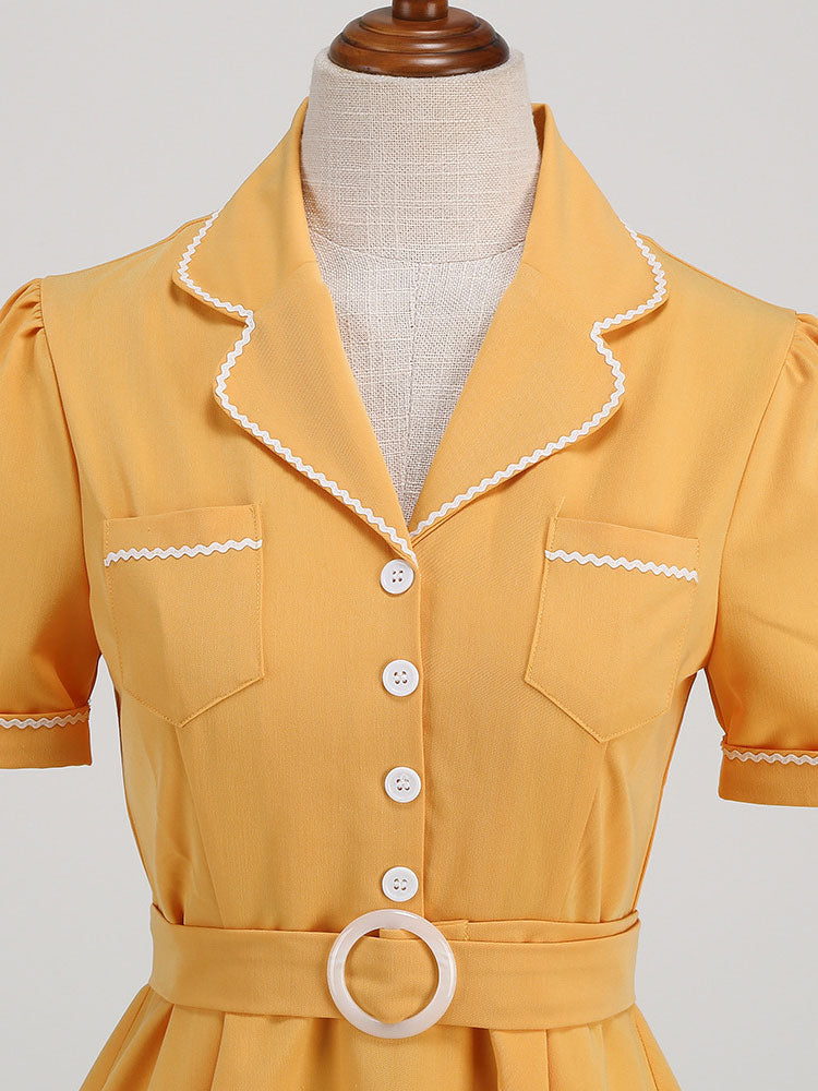 Dress Buttons Ring Detail Short Sleeves Retro Midi Dress