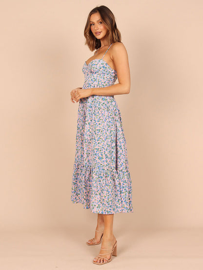 Floral Print Lace Up Backless Bohemian Straps Neck Midi Dress